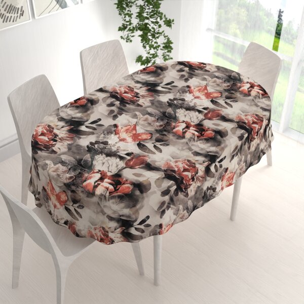 Biante Dekorační oválný ubrus Parma PM-111 Cihlově červené květy na kouřově šedohnědém 50x100 cm