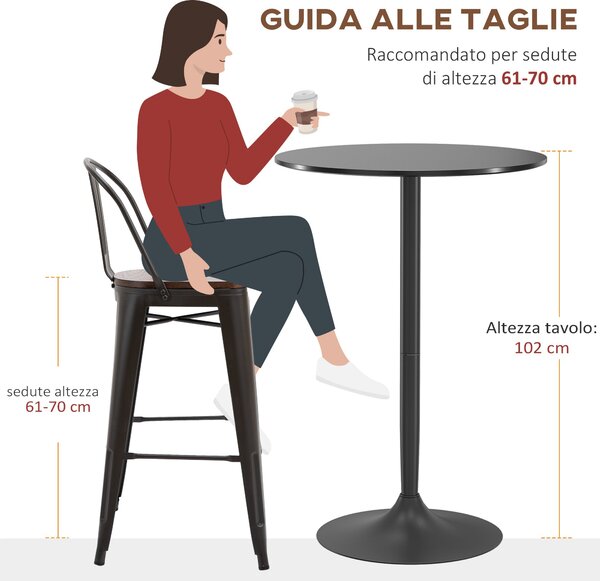HOMCOM Moderní Vysoký Barový Stůl, Kulatý Kuchyňský Stůl pro 2 Osoby s Ocelovou Základnou a MDF Vrchní Deskou, Ø70x102 cm, Černý | Aosom