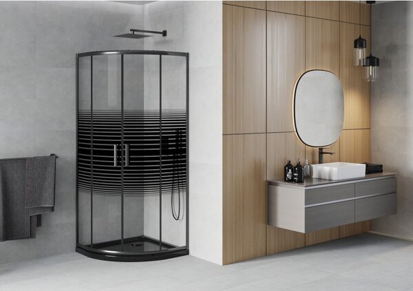 Mexen Rio sprchový kout půlkruhový 80 x 80 cm, černé pruhy, černý + vanička Flat, černá - 863-080-080-70-20-4170B