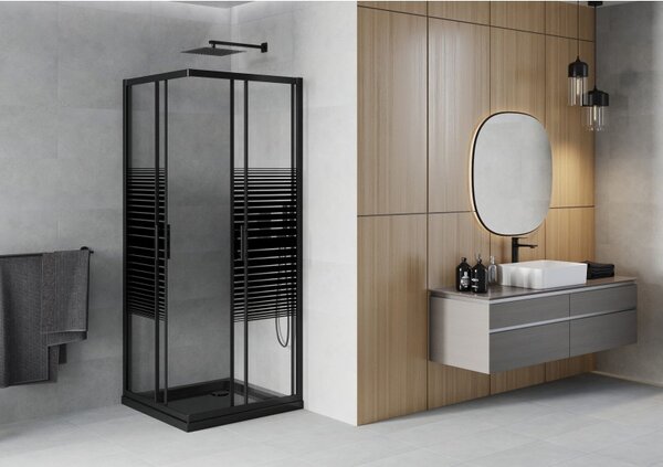 Mexen Rio čtvercový sprchový kout 70 x 70 cm, černé pruhy, černý + vanička Flat, černá - 860-070-070-70-20-4070B