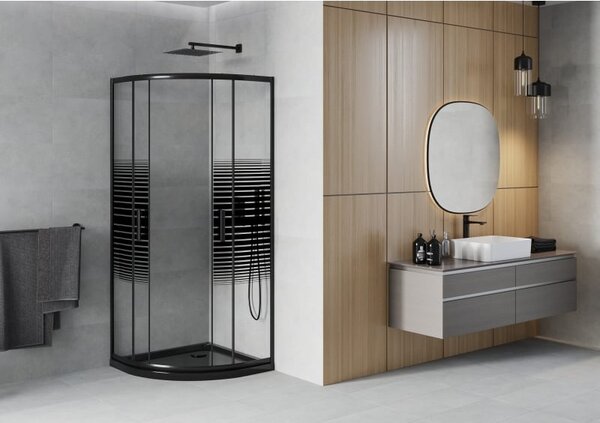 Mexen Rio sprchový kout půlkruhový 80 x 80 cm, černé pruhy, černý + vanička Flat, černá - 863-080-080-70-20-4170B