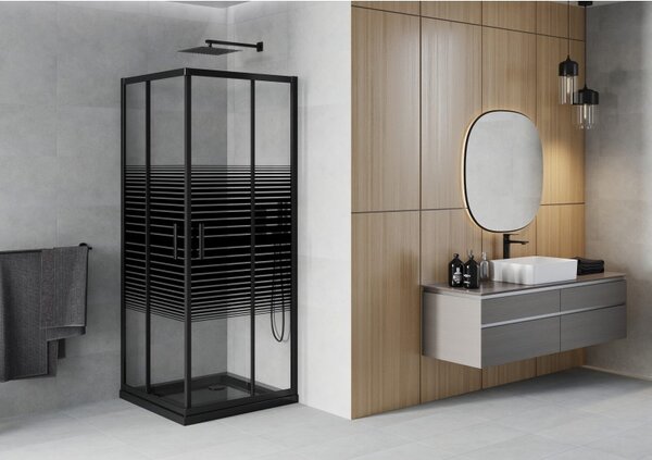 Mexen Rio čtvercový sprchový kout 70 x 70 cm, černé pruhy, černý + vanička Flat, černá - 860-070-070-70-20-4070B