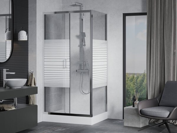 Mexen Apia sprchový kout posuvný 100 x 80 cm, bílé pruhy, chrom + sprchová vanička Rio - 840-100-080-01-20-4510