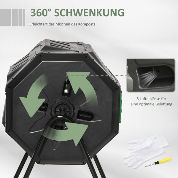 Outsunny Kompostér 160L, 71cm x 65cm x 96cm Rotující Rychlý Kompostér z Plastu, Thermokompostér se 2 Komorami pro Organický a Zahradní Odpad, Černý |