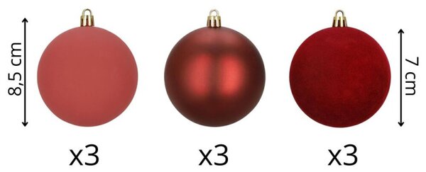 Vánoční baňky červené mix - 8cm sada 9ks, vánoční ozdoby