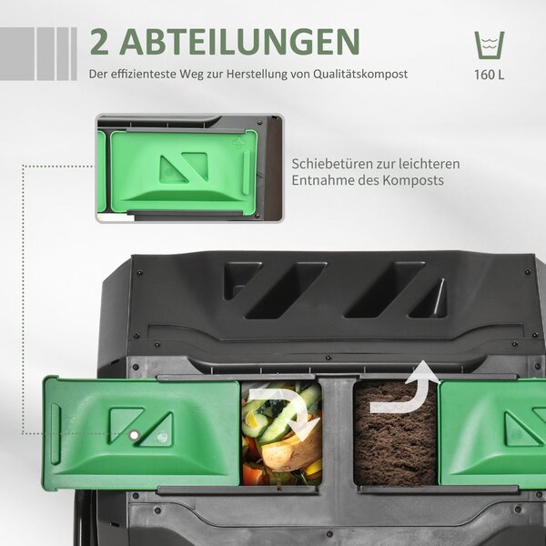 Outsunny Kompostér 160L, 71cm x 65cm x 96cm Rotující Rychlý Kompostér z Plastu, Thermokompostér se 2 Komorami pro Organický a Zahradní Odpad, Černý |