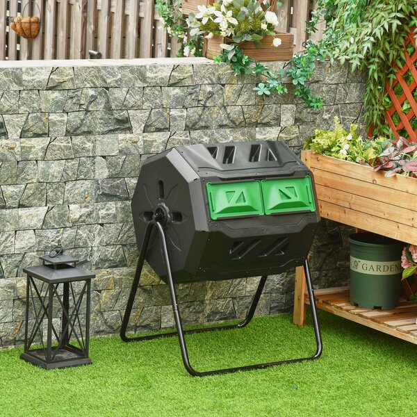 Outsunny Kompostér 160L, 71cm x 65cm x 96cm Rotující Rychlý Kompostér z Plastu, Thermokompostér se 2 Komorami pro Organický a Zahradní Odpad, Černý |
