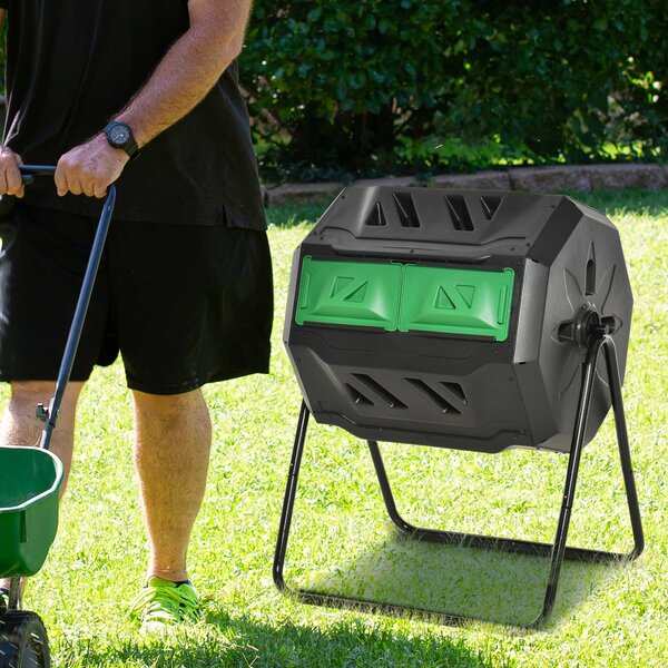 Outsunny Kompostér 160L, 71cm x 65cm x 96cm Rotující Rychlý Kompostér z Plastu, Thermokompostér se 2 Komorami pro Organický a Zahradní Odpad, Černý |