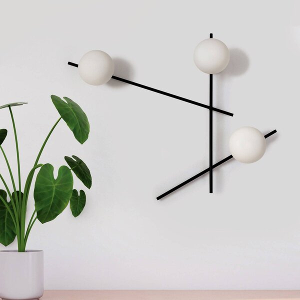 Sforzin Nástěnné svítidlo Mikado, mléčné sklo, tři zdroje, stmívatelný, Černá, Obývací pokoj / jídelna, kov, Design