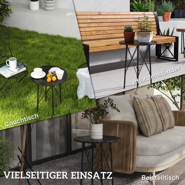 Zahradní stůl Outsunny Ø40 x 50 cm, odolný ocelový stůl na terasu s designem květin a ochrannými nožkami, kulatý jídelní stůl na venkovní použití, cam