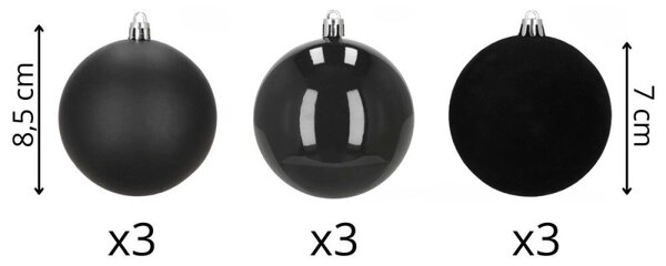 Vánoční baňky černé mix - 8cm sada 9ks, vánoční ozdoby