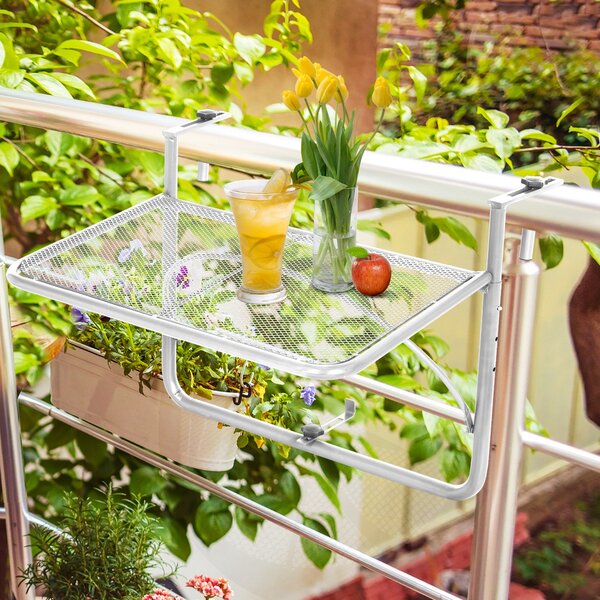 Outsunny Závěsný Stůl na Balkon 3 Úrovně Nastavitelný Závěsný Stůl z Kovového Materiálu Odolný Vůči Počasí, Boční Stůl pro Balkonový Zábradlí 60 x 56