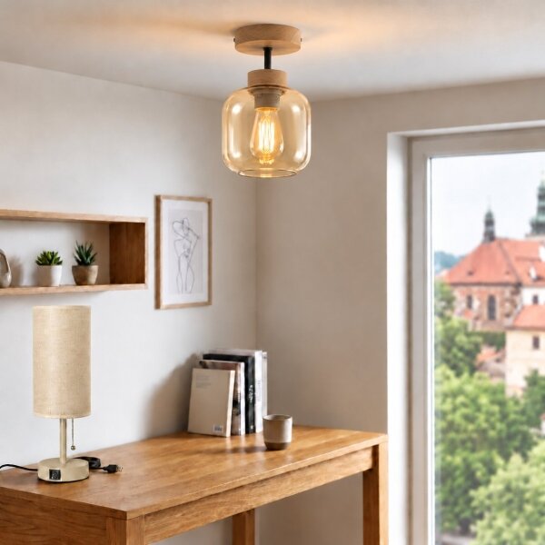BRILAGI - LED Přisazený lustr R GLASS 1xE27/60W/230V pr. 14cm dub/kouřová béžová