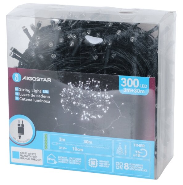 Aigostar - LED Venkovní vánoční řetěz 300xLED/3,6W/230V 30m IP44 studená bílá