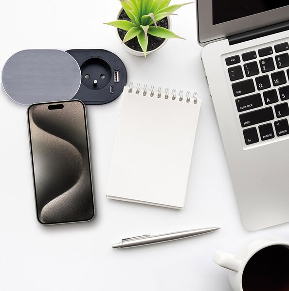 SOLIGHT 1z + USB A+C 20W PD vestavná zásuvka s posuvným víčkem, 2m, stříbrná