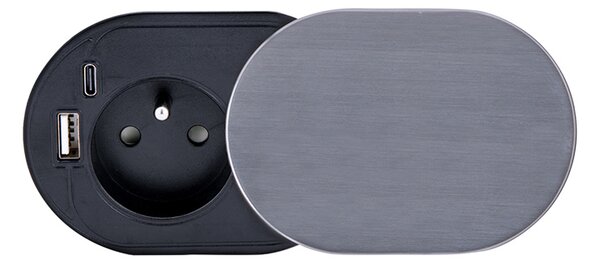 SOLIGHT 1z + USB A+C 20W PD vestavná zásuvka s posuvným víčkem, 2m, stříbrná