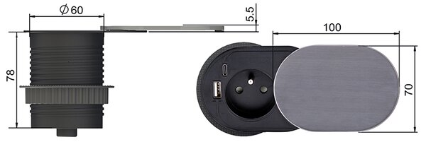 SOLIGHT 1z + USB A+C 20W PD vestavná zásuvka s posuvným víčkem, 2m, stříbrná