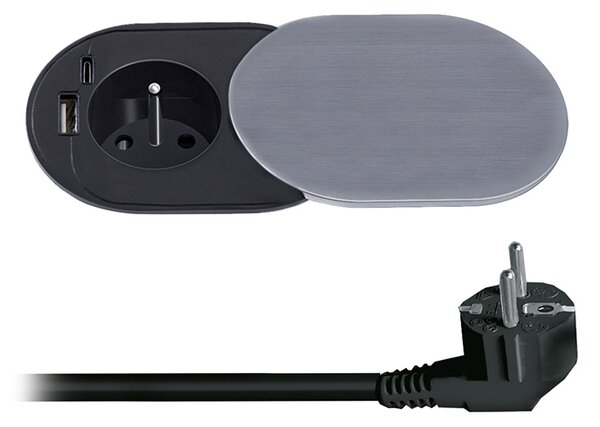 SOLIGHT 1z + USB A+C 20W PD vestavná zásuvka s posuvným víčkem, 2m, stříbrná