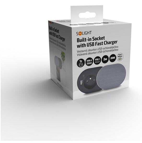 SOLIGHT 1z + USB A+C 20W PD vestavná zásuvka s posuvným víčkem, 2m, stříbrná