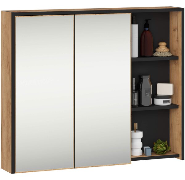 Ak furniture Závěsná koupelnová skříňka se zrcadlem VAMI 90 cm dub craft/černá