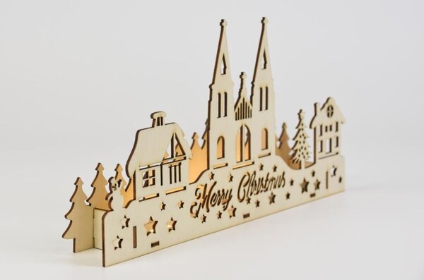 Dřevěná vánoční dekorace s vesničkou, 10 LED, baterie, časovač, 3D efekt