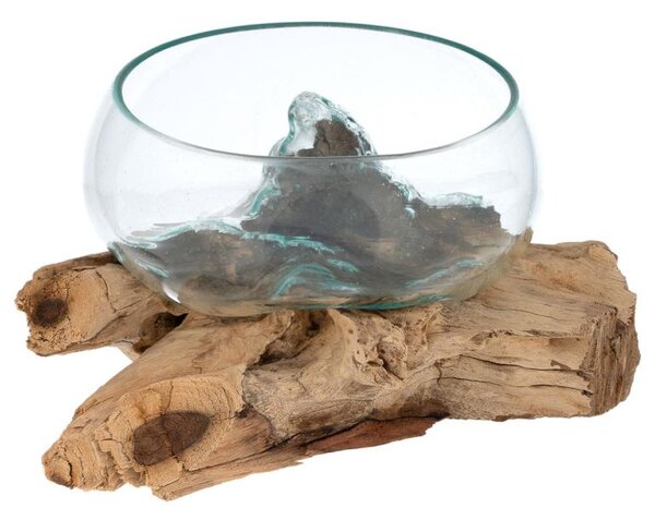 Foukaná skleněná miska na teakovém dřevě, 20 cm
