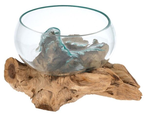 Foukaná skleněná miska na teakovém dřevě, 20 cm