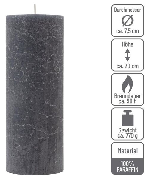 Antracit parafínová svíčka rustikální 20 cm, 90 h, sada 4 ks