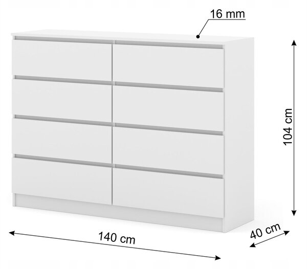 Komoda MAJA S8 140 cm bílý mat 8 zásuvek stojící na podstavci