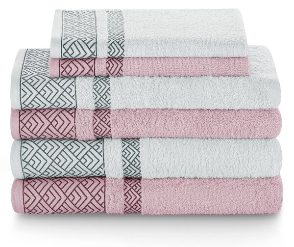 Souprava bavlněných ručníků s ozdobným lemem Práškově růžová a Světle šedá DESSIN