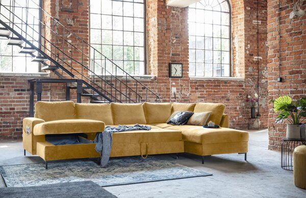 -25 % Dny MOMENTI– Miuform Sametová rozkládací pohovka Lofty Lilly 303 cm, pravá