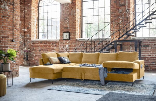 -25 % Dny MOMENTI– Miuform Sametová rozkládací pohovka Lofty Lilly 303 cm, levá