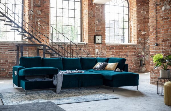 -25 % Dny MOMENTI– Miuform Sametová rozkládací pohovka Lofty Lilly 303 cm, pravá