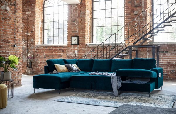 -25 % Dny MOMENTI– Miuform Sametová rozkládací pohovka Lofty Lilly 303 cm, levá