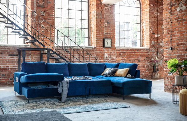 -25 % Dny MOMENTI– Miuform Sametová rozkládací pohovka Lofty Lilly 303 cm, pravá