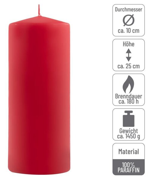 Červená parafínová svíčka 25 cm, 180 h hoření, sada 2 ks
