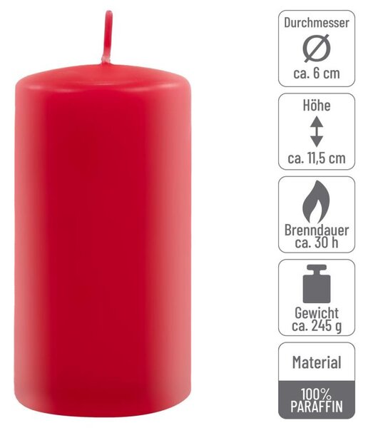 Červená parafínová svíčka 11,5 cm, 30 h hoření, sada 6 ks
