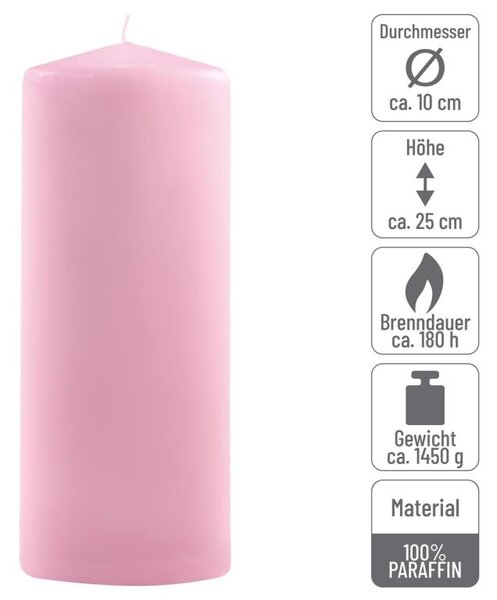 Růžová parafínová svíčka 25 cm, 180 h hoření, sada 2 ks