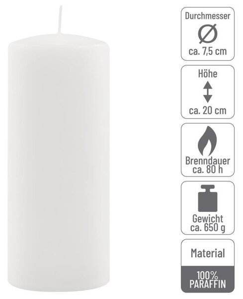 Bílá parafínová svíčka 20 cm, 80 h hoření, sada 2 ks