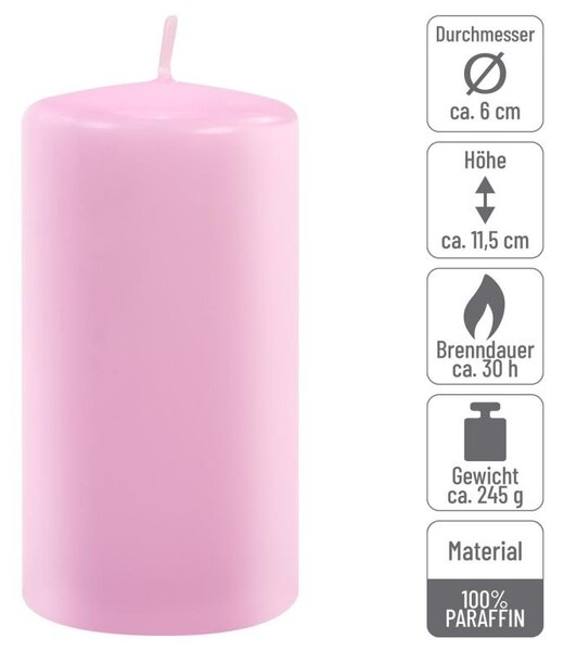 Růžová parafínová svíčka 11,5 cm, 30 h hoření, sada 6 ks