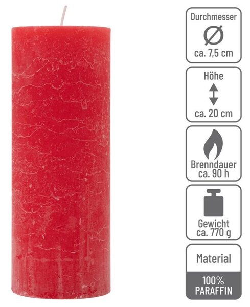 Červená parafínová svíčka rustikální 20 cm, 90 h, sada 4 ks