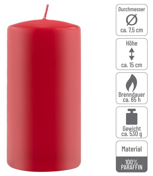Červená parafínová svíčka 15 cm, 65 h hoření, sada 2 ks