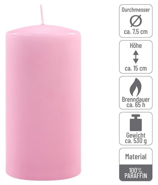 Růžová parafínová svíčka 15 cm, 65 h hoření, sada 2 ks
