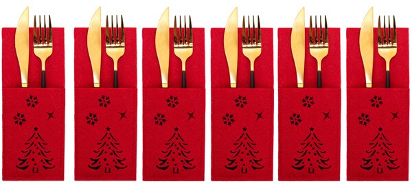 Vánoční obal na příbory - 6 ks - červené - motiv stromečků