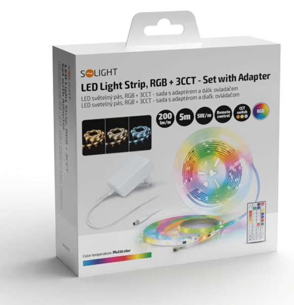 SOLIGHT LED světelný pás RGB + 3CCT, 5m, sada s adaptérem a dálk. ovladačem, 5W/m, IP65