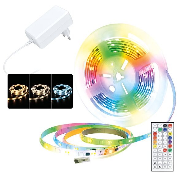 SOLIGHT LED světelný pás RGB + 3CCT, 5m, sada s adaptérem a dálk. ovladačem, 5W/m, IP65
