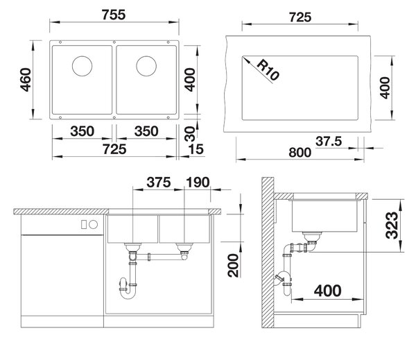 Blanco Subline 350/350-U, silgranitový dřez 755x460x200 mm, 2-komorový, černá, BLA-525987