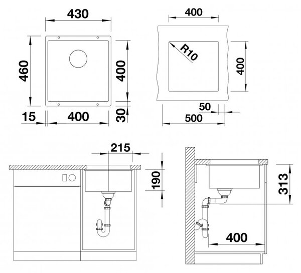 Blanco Subline 400-U, silgranitový dřez pod pracovní desku 400x400x190 mm, 1-komorový, antracitová, BLA-523422