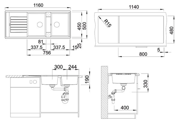 Blanco Zia 8 S, silgranitový dřez 1160x500x190 mm, 2-komorový, antracitová, BLA-515605
