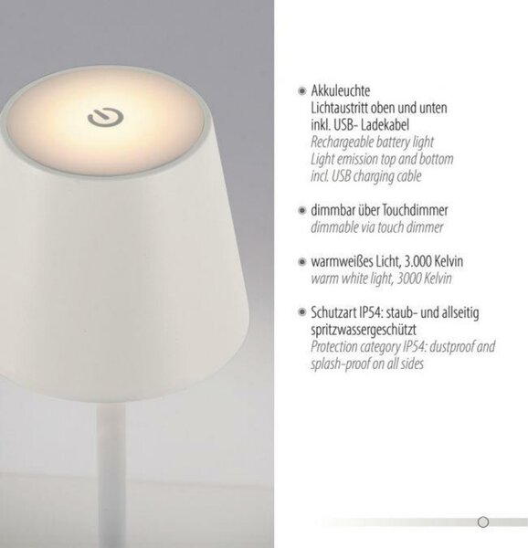 JUST LIGHT LED bateriové svítidlo bílé, stojací a stolní lampa, dotykový stmívač, IP54 pro venkovní použití 3000K